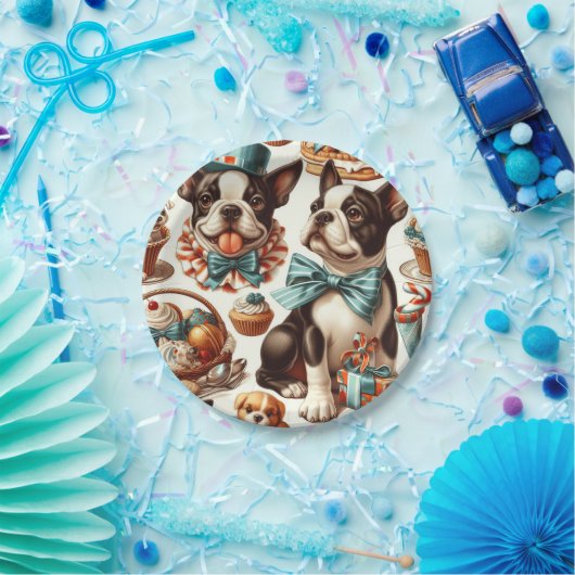 Retro Schattigee Boston Terrier Illustratie Papieren Bordje (Feest)