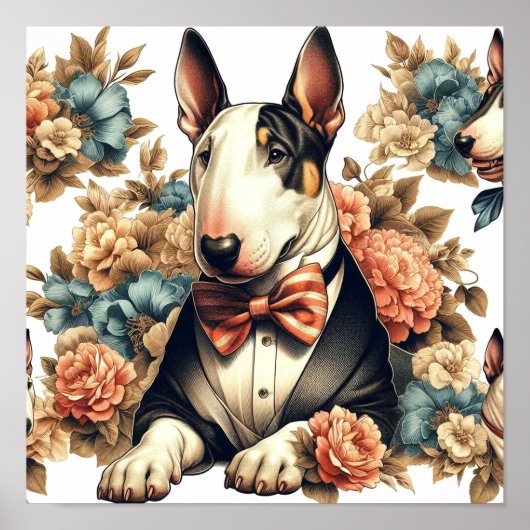 Retro Schattigee Floral Bull Terrier Poster (Voorkant)