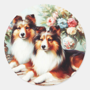 Retro Schattigee Honden Olieverfschilderij Ronde Sticker