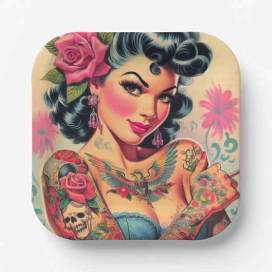 Retro Schattigee Tattooed Pin-up Papieren Bordje (Voorkant)