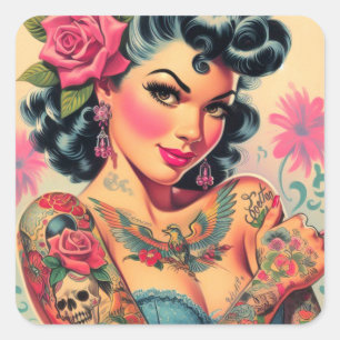 Retro Schattigee Tattooed Pin-up Vierkante Sticker