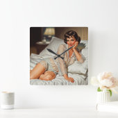 Retro Schattigee Vrouw '50 Pin-up Vierkante Klok (Huis)