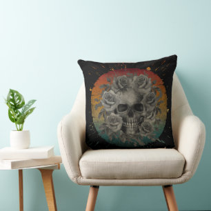 RETRO Schedel EN BLOEMEN ZWART EN WIT Kussen