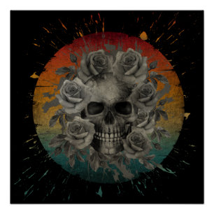 RETRO Schedel EN BLOEMEN ZWART EN WIT Perfect Poster