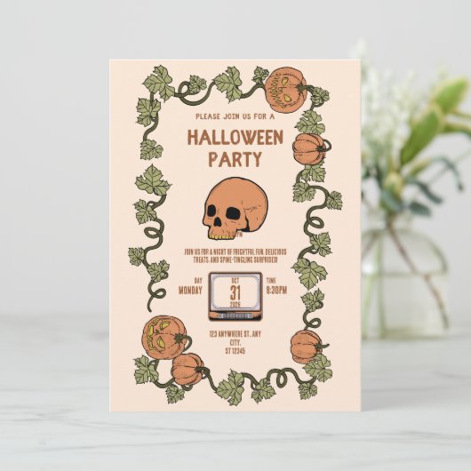 Retro schedel en pompoen Halloween Party Kaart (Staand voorkant)