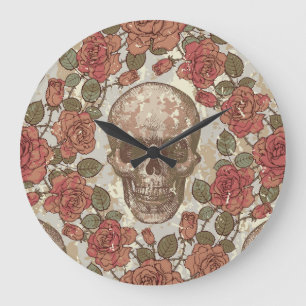 Retro schedels en Rozen Ornament Grote Klok