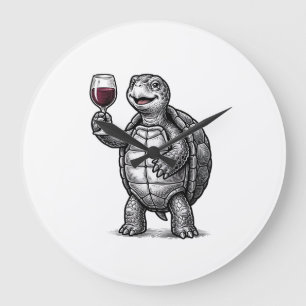 Retro Schildpad met Wijn Glas Shirt Ontwerp_1 Grote Klok