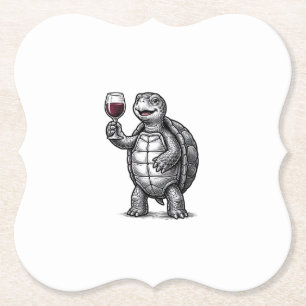 Retro Schildpad met Wijn Glas Shirt Ontwerp_1 Kartonnen Onderzetters