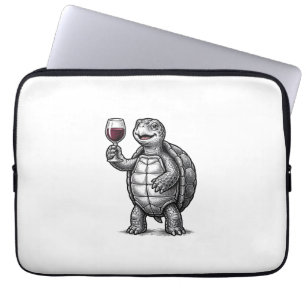 Retro Schildpad met Wijn Glas Shirt Ontwerp_1 Laptop Sleeve