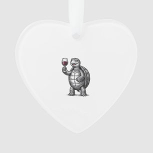 Retro Schildpad met Wijn Glas Shirt Ontwerp_1 Ornament