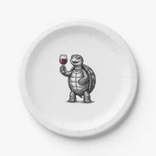 Retro Schildpad met Wijn Glas Shirt Ontwerp_1 Papieren Bordje