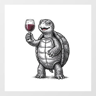 Retro Schildpad met Wijn Glas Shirt Ontwerp_1 Raamsticker