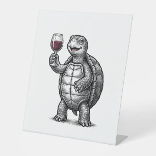 Retro Schildpad met Wijn Glas Shirt Ontwerp_1 Reclamebord Met Voetstuk