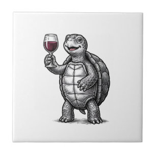 Retro Schildpad met Wijnglas Shirt Ontwerp_1 Tegeltje