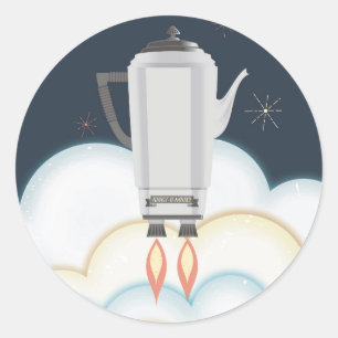 Retro sci-fi koffiepot percolator raketschip ronde sticker