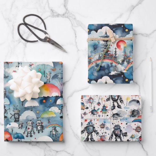 Retro Sci-Fi Robots in de ruimte Inpakpapier Vel (Voorkant)
