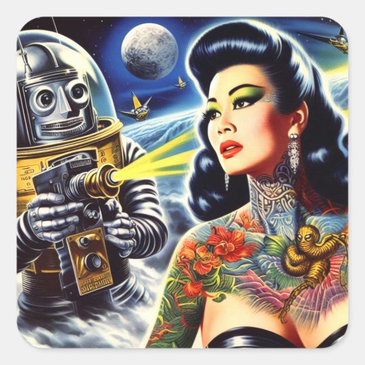 Retro Sci-Fi Vrouw Vierkante Sticker (Voorkant)