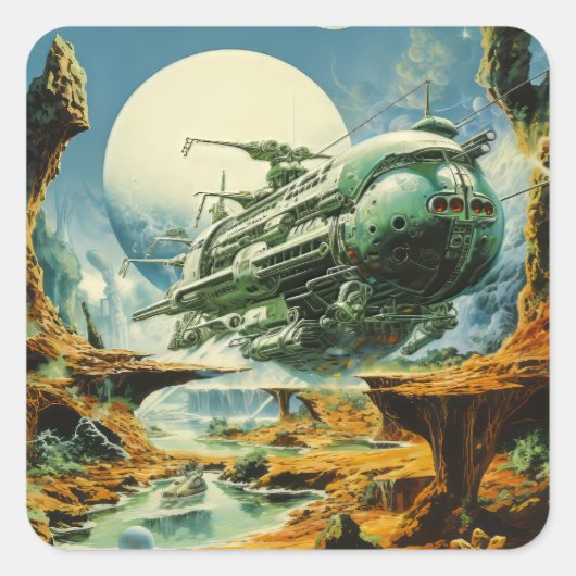 Retro Science Fiction Scene Vierkante Sticker (Voorkant)