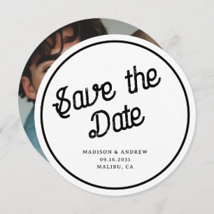 Retro Script Aangepaste Fotocirkel Ronde Bruiloft Save The Date