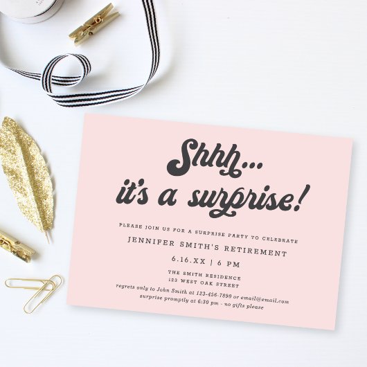 Retro Script Blush Pink Surprise Retirement Party Kaart