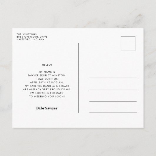 Retro script Geboorte welkomstfoto Briefkaart (Achterkant)