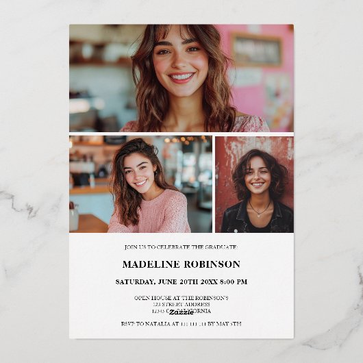 Retro Script goud Wit 4 Foto Afstuderen Folie Uitnodiging (Achterkant)