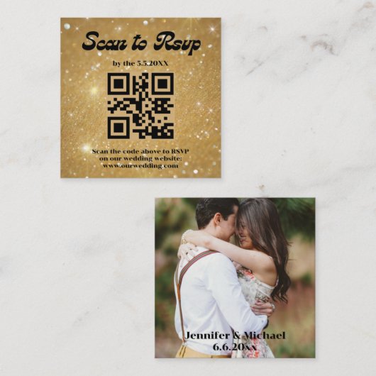 Retro Script Gouden RSVP QR Code Trouwfoto Informatiekaartje (Voorkant / Achterkant)