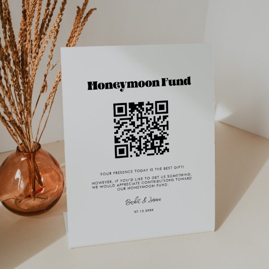 retro script Honeymoon fonds QR code Reclamebord Met Voetstuk