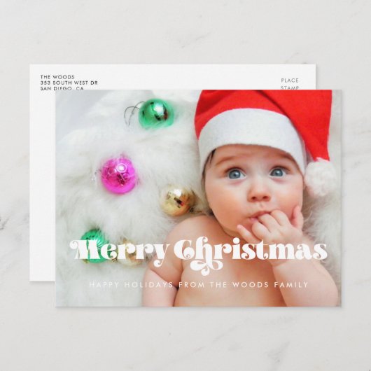 retro script Merry kerstfoto Briefkaart (Voorkant / Achterkant)