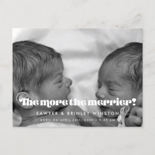 Retro script Twin Birth Hoe meer de merrier foto Briefkaart