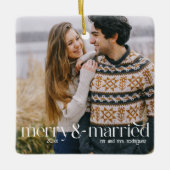 Retro Script Typografie Merry & Married Photo Keramisch Ornament (Voorkant)