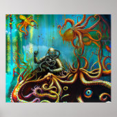 Retro Scuba Diver in een Metal Suit Octopus Poster (Voorkant)