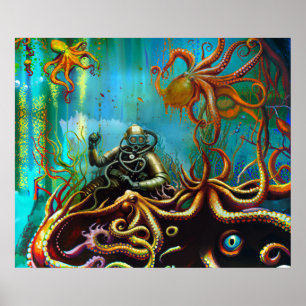 Retro  Scuba Diver in een Metal Suit Octopus Poster