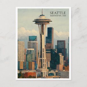 Retro Seattle Silhouette Waterverf Ansichtkaart Ku Feestdagenkaart