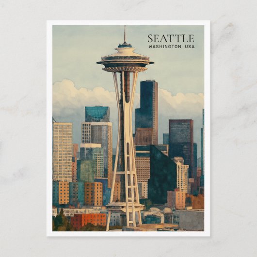Retro Seattle Skyline Waterverf Briefkaart Art (Voorkant)