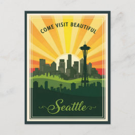 Retro Seattle skyline with space needle at sunset Briefkaart