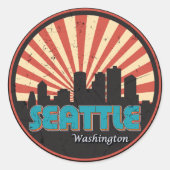 Retro Seattle Washington State Skyline 80's Ronde Sticker (Voorkant)