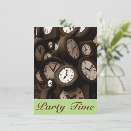 Retro Sepia Clock faces Hand Party Time Invitation Kaart (Staand voorkant)