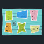 Rétro serviette de cuisine atomique de kitsch<br><div class="desc">Cette rétro serviette de cuisine atomique de kitsch (gros caractères) comporte tant de formes kitschy et tant de motifs kitschy. Le Palm Springs a inspiré des caractéristiques de motif un arrière - plan de turquoise et les masses merveilleusement de dessins au trait des années 1960. Elle est presque trop mignonne...</div>