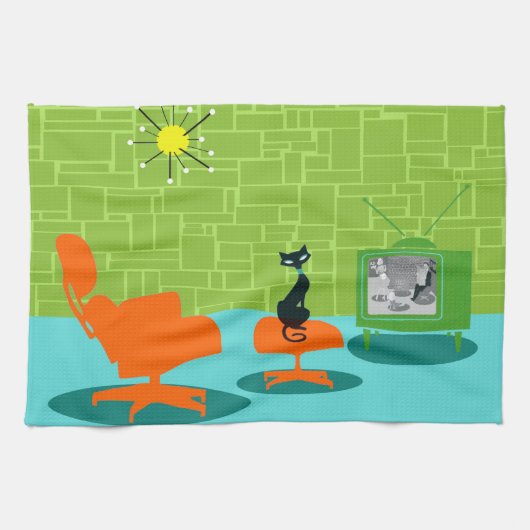 Rétro serviette de cuisine de Kitty d'âge d'espace (Horizontal)