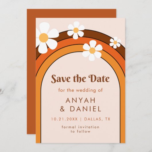 Retro Seventies Rainbow & Daisy Groovy Hippie Save The Date (Voorkant / Achterkant)