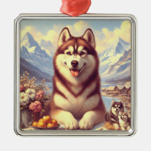 Retro Siberisch Husky schilderij Metalen Ornament
