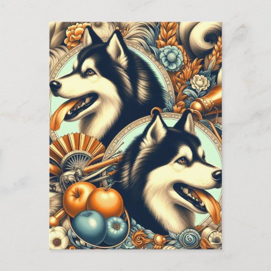 Retro Siberische Husky Illustratie Briefkaart (Voorkant)