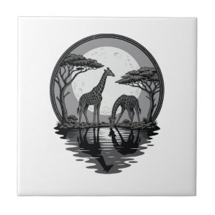 Retro Silhouet van Giraffe Maan Safari Vectorontwe Tegeltje