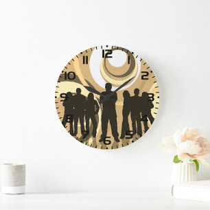 Retro Silhouet van Mensen met Abstracte Cirkels Grote Klok