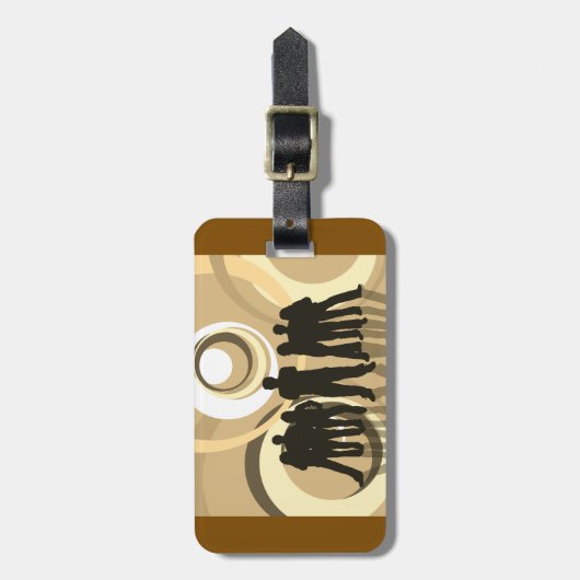 Retro Silhouette Mensen met Abstracte Cirkels Bagagelabel (Voorkant verticaal)
