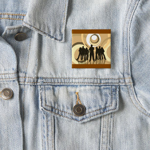 Retro Silhouette Mensen met Abstracte Cirkels Vierkante Button 5,1 Cm