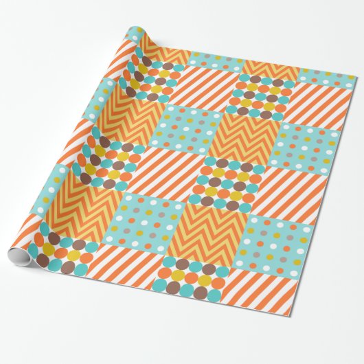 Retro Sinaasappel Blauw Mosterd Geel Patchwork Pat Cadeaupapier (Uitgerold)