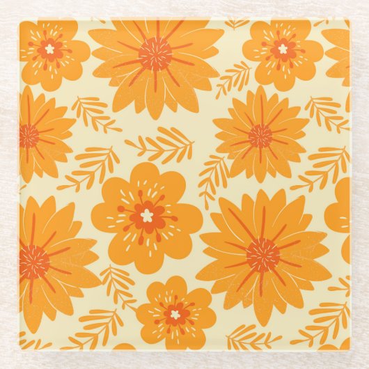 Retro Sinaasappel Botanische Bloempatroon Herfst Glazen Onderzetter (Voorkant)