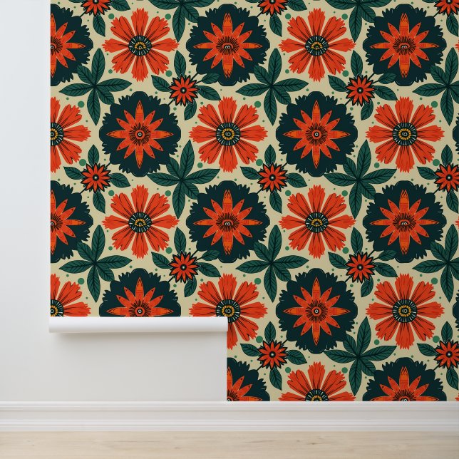 Retro Sinaasappel Daisy Pattern -  Botanisch Behang (Applicatie)